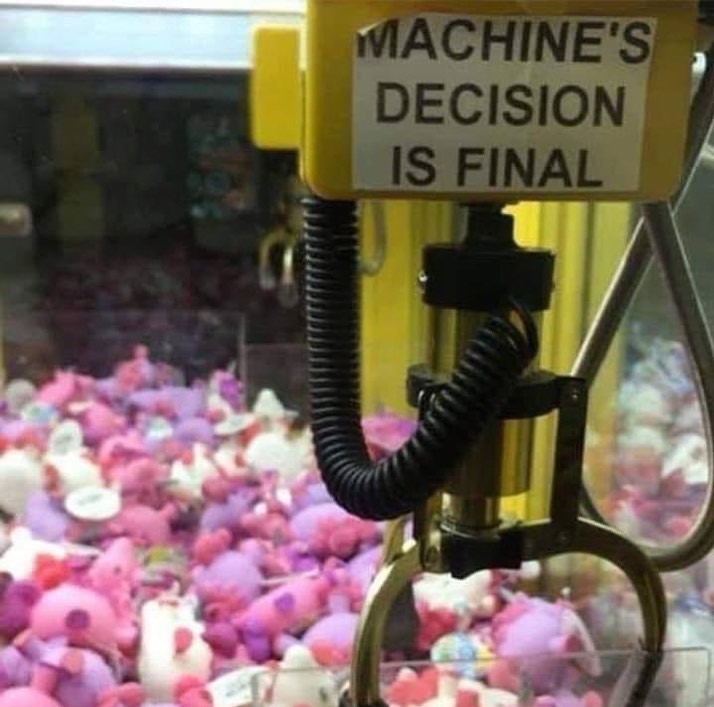 View of a "claw machine" with a bin of plushies. On the mechanism is the text "MACHINE'S DECISION IS FINAL".