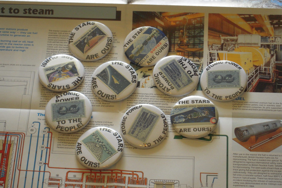 Badges made on my button machine, using US postage stamps
