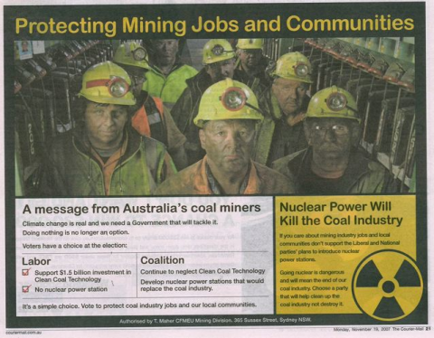 Australian political ad warning that "Nuclear Power Will Kill the Coal Industry" and demanding the use of "Clean Coal" to tackle climate change. Dated 2007-11-19.