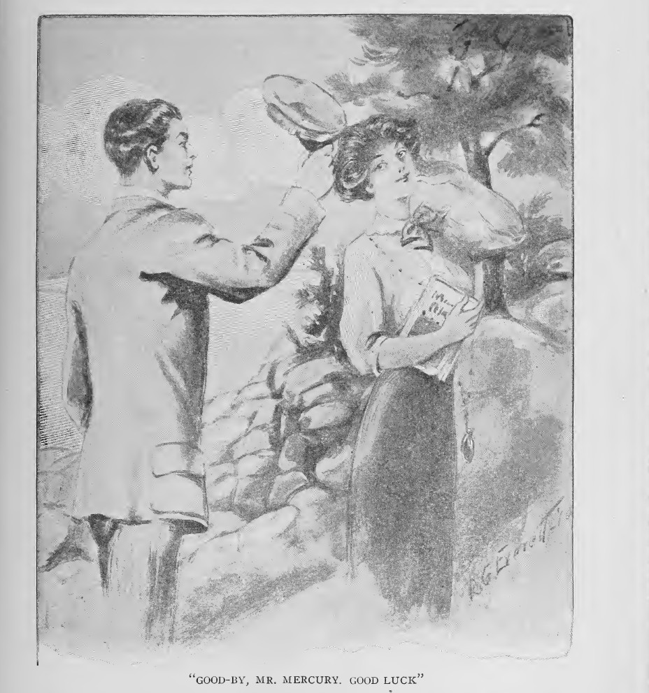 Illustration from POPULAR ELECTRICITY magazine, 1911 March, page 981, showing the characters of Miss Daphne and Mr Mercury in a rocky, wooded landscape.