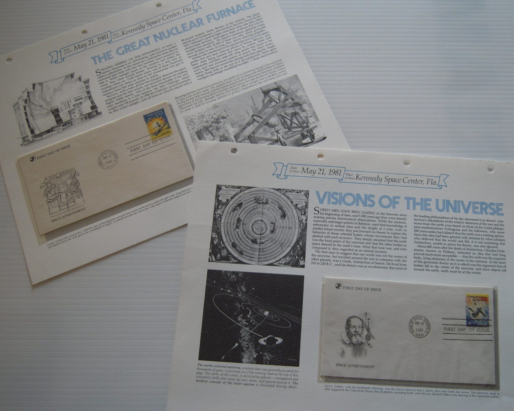 Two commemorative philatelic covers, for the set of stamps released 21 May 1981. Each is mounted on a card published by Readers' Digest. One refers to solar astronomy and carries the title "The Great Nuclear Furnace", while the other refers to planetary astronomy and carries the title "Visions of the Universe".