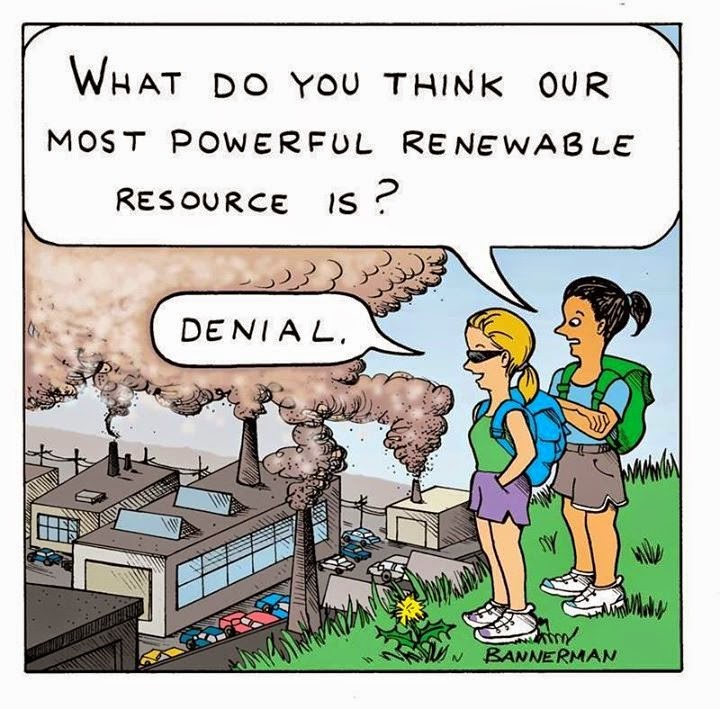 Editorial cartoon by "Bannerman". Two backpackers stand looking over a smoke-belching factory complex. One asks "what do you think our most powerful renewable resource is?" The other answer "denial".