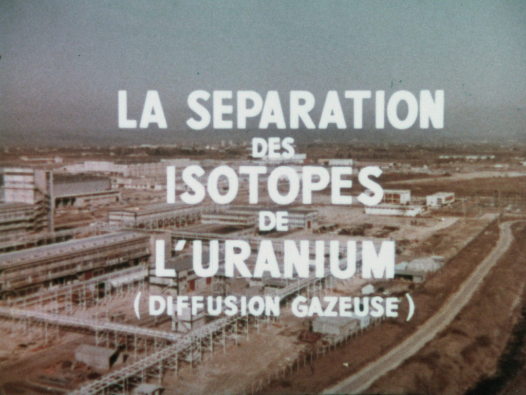 Photo of the French gaseous-diffusion plant at Pierrelatte, with superimposed text "La Separation des Isotopes de l'Uranium (Diffusion Gazeuse)"