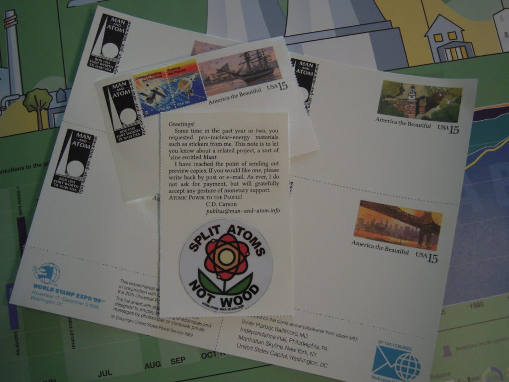 US Postal Service pre-printed postcards from 1989 (15c "America the Beautiful" issue), four to a letter-size sheet, overprinted with a "Man and Atom" return-address cachet, with 36c of postage added, and printed on the other side with a promotional message, and a "Split Atoms not Wood" sticker attached.