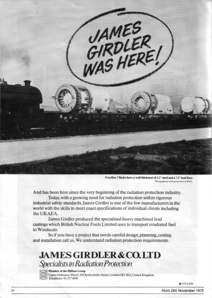 Steam shunting locomotive moving three "Excellox 3" nuclear fuel flasks. Ad from ATOM 265 (1978 November)