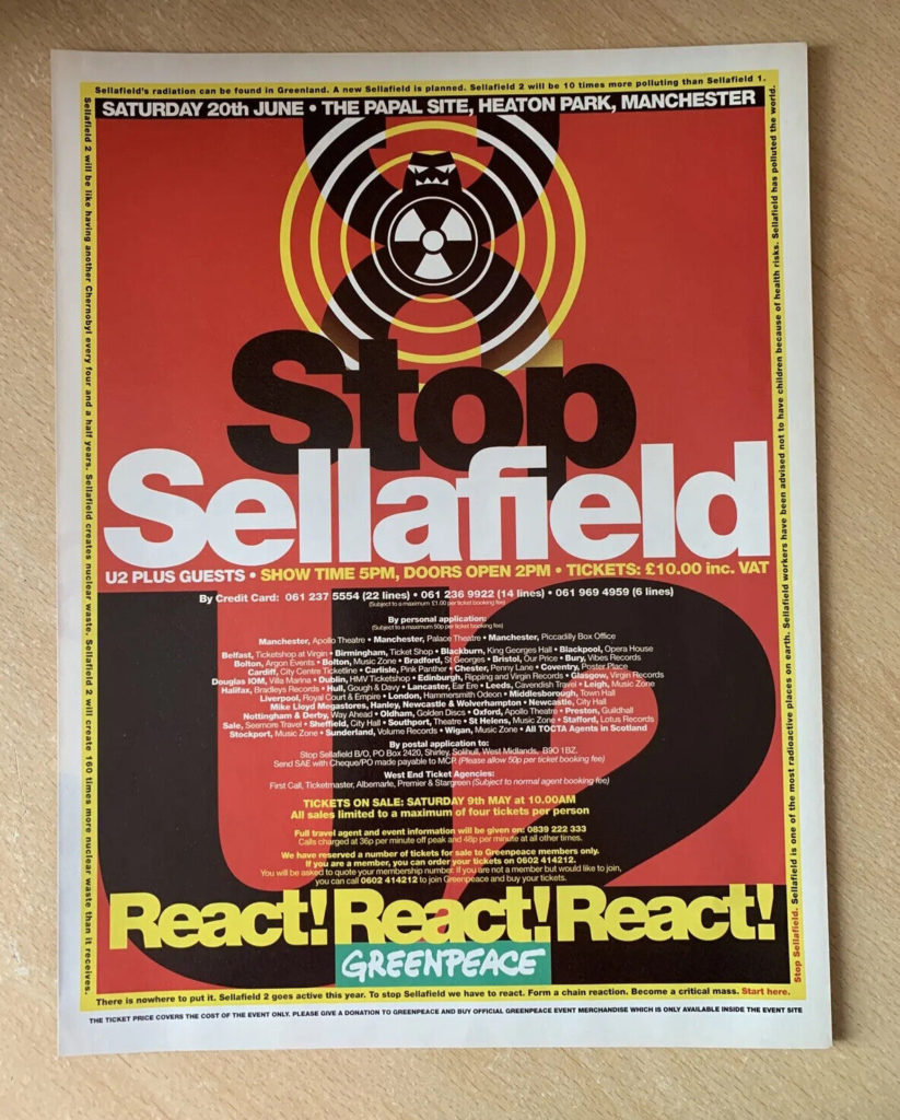 Greenpeace poster advertising a U2 concert in Manchester, part of the "React" campaign against the Sellafield THORP reprocessing plant project.