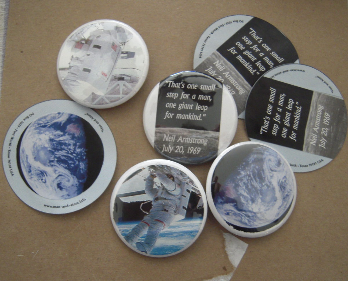 Pin-back badges incorporating postal scrap